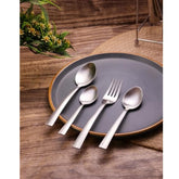 Four-piece stainless steel cutlery set arranged on a grey plate over wooden background and plant decor.